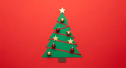 Obraz premium Minimalist green Christmas tree decoration with red ornaments and gold stars.