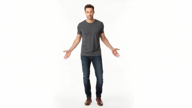 Confident Expression: A well-groomed male confidently extends his arms, wearing a grey t-shirt and jeans, conveying approachability and openness. 