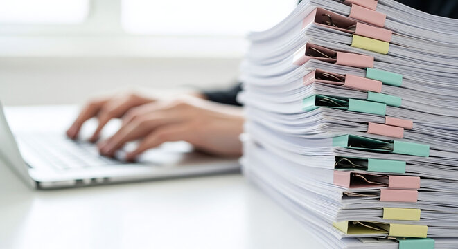 A large stack of organized paperwork with colored sticky notes on a desk