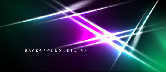 Obraz premium Abstract neon lines intersect over dark gradient background. Vibrant colors create futuristic visual effect. Design includes text elements below.