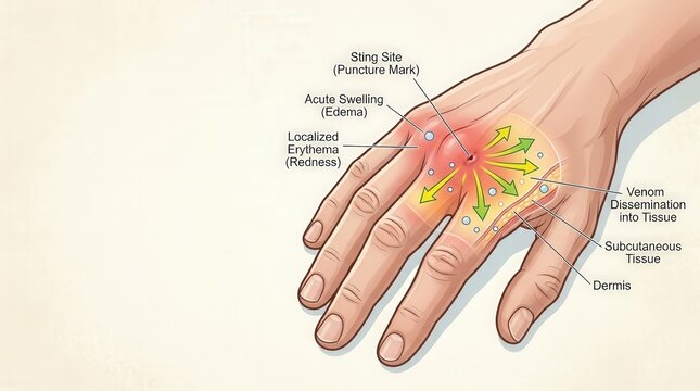 Medical illustration of a bee sting on a human hand showing sting site, acute swelling, localized erythema, and venom dissemination through the dermis and subcutaneous tissue.