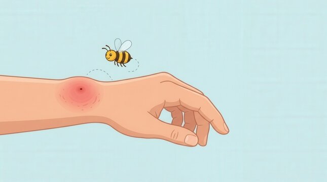 illustration of a cartoon bee flying away from a human hand with a swollen, red sting site. Concept of insect bite, allergy, and skin inflammation.