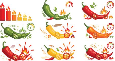 Spicy Chili Pepper Heat Level Set with Jalapeno, Red and Yellow Hot Peppers, Fire Flames and Scoville Gauge Vector Illustration