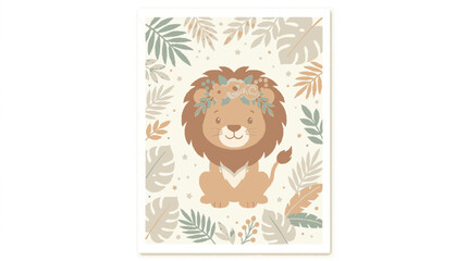 Fototapeta premium Cute lion in safari nursery artwork with floral crown and leafy background in soft tones for baby room decor
