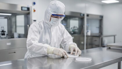 Naklejka premium Scientist placing settle plates on cleanroom surfaces to collect microbial samples maintaining strict contamination control standards.