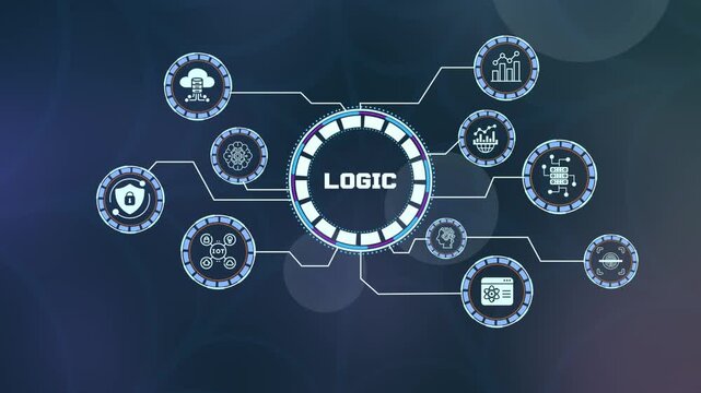 Digital logic processing and computational structure with glowing technology symbols.