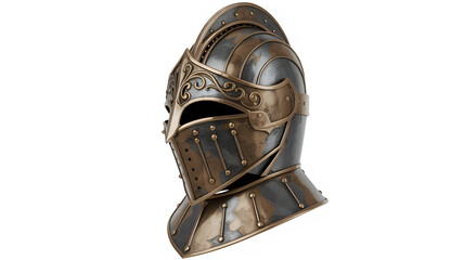 Ornate medieval knight helmet with intricate metal engravings isolated on a transparent background