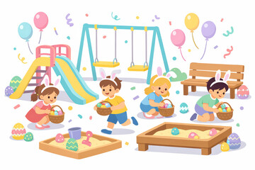 Obraz premium Kids Playing Easter Egg Hunt in Playground Spring Illustration