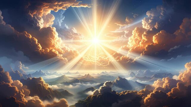 Golden sunbeams bursting through majestic clouds over an ethereal mountain landscape at sunrise