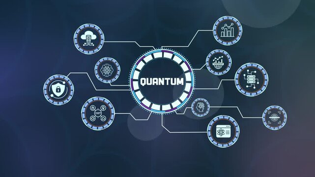 Quantum computing background with complex data structures and futuristic tech particles.