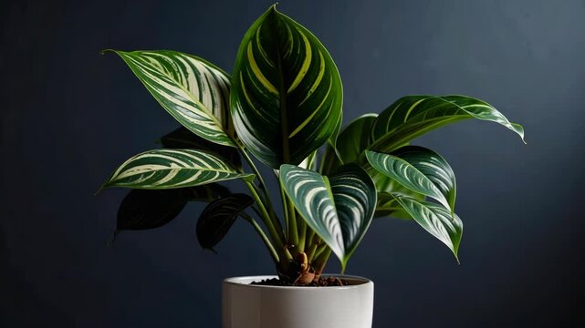 Tropical calathea plant with striking variegated green and white striped leaves in a white pot on dark background