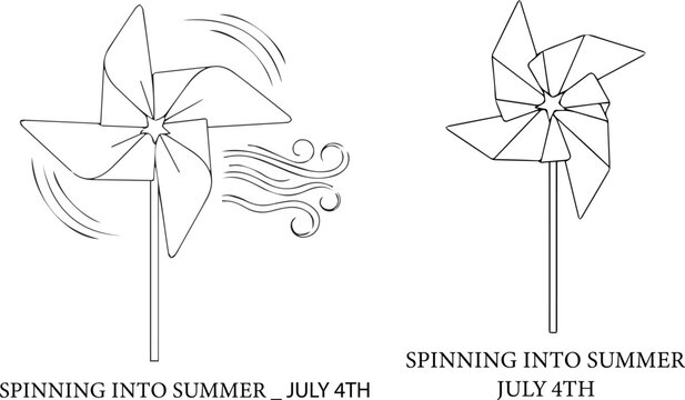 A simple line drawing of two pinwheels spinning in the wind on a summer day vector silhouette
