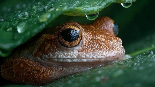 Macro of a sleeping frog hiding under a wet leaf. 4K Video