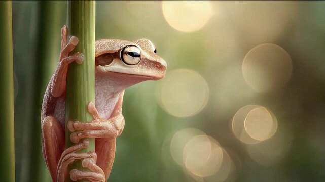 Close up of a sleeping frog waking up on a stem. 4K Video