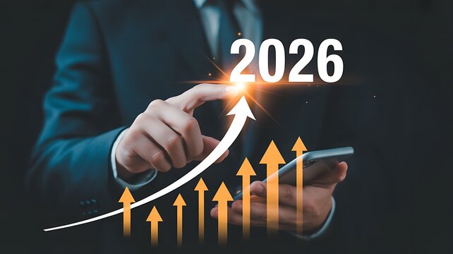 Man in suit points at glowing 2026 with upward trending arrows over a smartphone screen in a conceptual depiction of future business growth and success