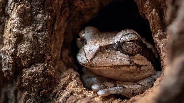 Close up of a sleeping frog inside a tree hole. 4K Video