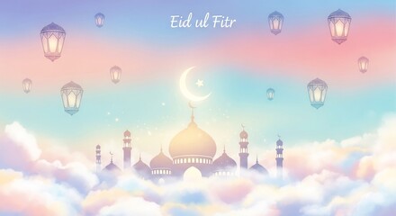 Serene Eid ul Fitr greeting with glowing lanterns and a crescent moon over a dreamy cityscape, soft pastel colors, and ethereal cloud formations.