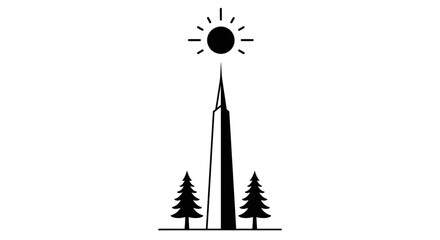 Fototapeta premium Modern Skyscraper, Sun, Trees - Minimalist Black White Graphic Illustration for Travel Architecture