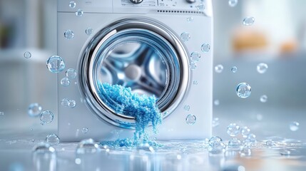 Fototapeta premium Interior with washing machine and soap bubbles,Vector realistic automatic washing machine with a front loading with blue soup bubbles,Realistic vector illustration,Home appliance concept.