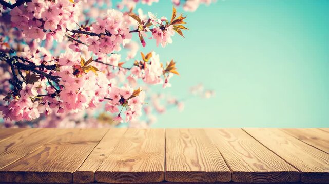 Rustic wooden table top with blooming pink sakura flowers and soft blue sky background in spring