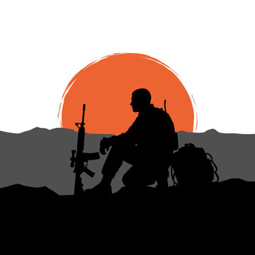 Silhouette Soldier Resting at Sunset with Rifle and Backpack