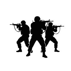 Fototapeta premium Silhouette of three soldiers with rifles in combat stance, ready for action.