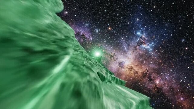 Cosmic journey of exploration follows mysterious green asset path for high yield and positive return, glowing stairway into universe