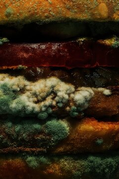 Close up macro texture of mold growing on spoiled food surface. Macro photography. Food spoilage and bacteria contamination concept for design and print. Macro shot
