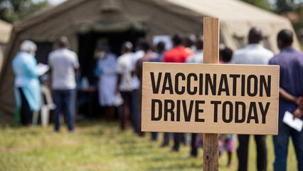 Community vaccination drive event with residents queuing at outdoor health tent for immunization access and public health disease prevention program