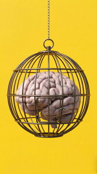 Conceptual 3D illustration of a closed mind and creative block, brain locked in a cage, Lack of freedom of speech and thought control concept, Trapped brain on yellow background