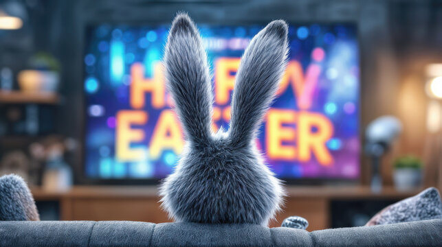 A fluffy bunny observes a vibrant television screen, where the message 'Happy Easter' illuminates, encapsulating a festive holiday season. 