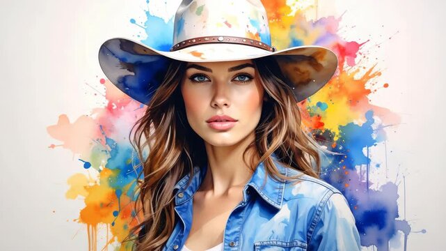 Portrait of an attractive cowgirl in a wide brim hat and blue denim shirt against a vibrant abstract art backdrop