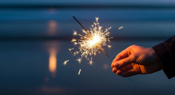 Hand holding sparkler on dark background.