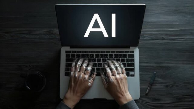 AI Revolution: The image illustrates a revolutionary concept, focusing on an open laptop displaying AI on the screen, with hands typing away.