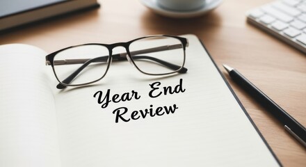 Year End Review Document with Reading Glasses and Pen on a Desk