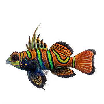 A vibrant mandarin dragonet fish displaying intricate orange blue and green psychedelic patterns isolated on transparent background