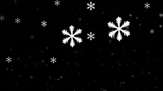 White decorative snowflakes falling on a dark black background for winter holiday graphic design elements