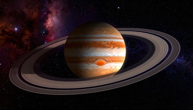 Digitally rendered Jupiter with vivid bands and imaginative ring system, glowing in deep space with stars and nebula background.