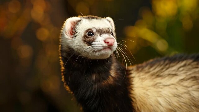 Domestic sable ferret portrait with warm golden hour lighting and soft bokeh background in nature