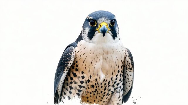 Close up frontal portrait of a majestic peregrine falcon bird of prey looking directly at camera on white background