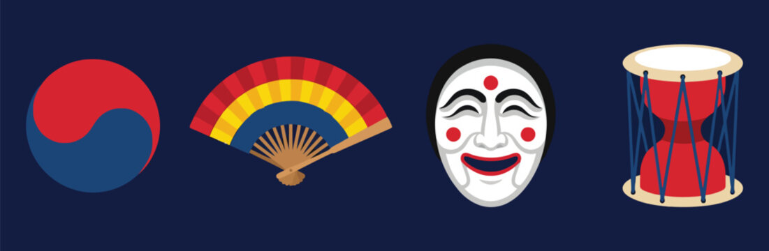 Traditional Korean cultural objects featuring the iconic red and blue Taegeuk symbol a colorful folding fan a smiling Hahoe wooden mask and a Janggu hourglass drum.