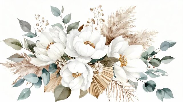 Elegant watercolor bouquet featuring white peonies eucalyptus pampas grass and dried palm leaves on a plain background