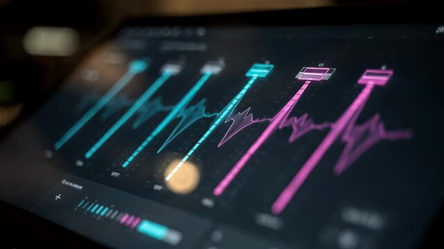 Medium shot of a digital soundboard display showing automated volume balancing indicators for multiple audio streams with the foreground interface crisp and the rest softly