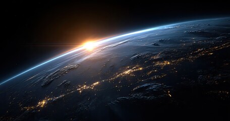 Fototapeta premium Sunrise over Earth's horizon, illuminating continents with city lights below