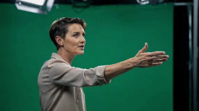 Sharp image of a presenter gesturing towards an imaginary screen with blurred chroma backdrop and studio lights emphasizing the green screen talk segment space.