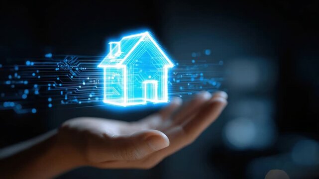 Digital Home in Hand: A conceptual image of a futuristic home, represented by a glowing blue digital outline, levitating above an outstretched hand.