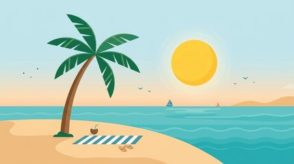 Minimalist modern flat illustration of tropical vacation, palm tree and sun.