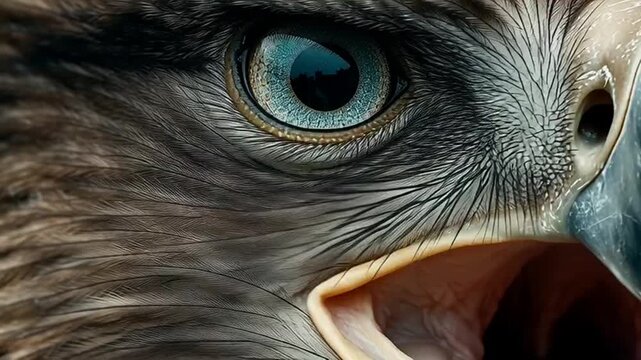 close-up of eagle's face with open beak and blue eye