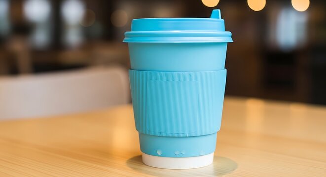 Light blue disposable coffee cup with a plastic lid on a wooden surface