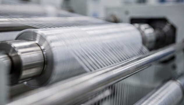 Medium shot of fine denier elastomeric yarn running smoothly through multiple godet rolls showcasing delicate precision in fiber spinning.